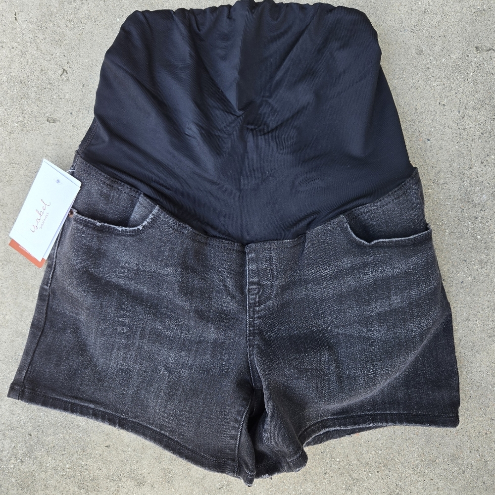 Isabel Maternity Crossover Panel Black Wash Jean Shorts Sz 8